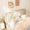 Light Green Upholstered Double Bed With Gray Pink Bedding Striped Rug And Decorative Paintings