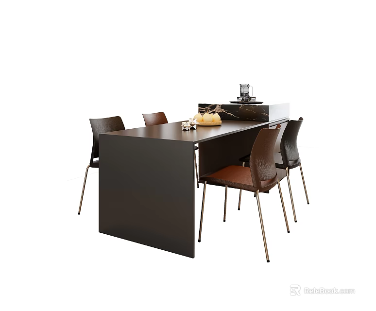 Modern Dark Brown Rectangular Dining Table With Four Brown Chairs Metal Legs And Fruit Tray 3d model 