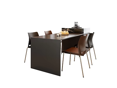 Modern Dark Brown Rectangular Dining Table With Four Brown Chairs Metal Legs And Fruit Tray 3d model