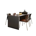Modern Dark Brown Rectangular Dining Table With Four Brown Chairs Metal Legs And Fruit Tray
