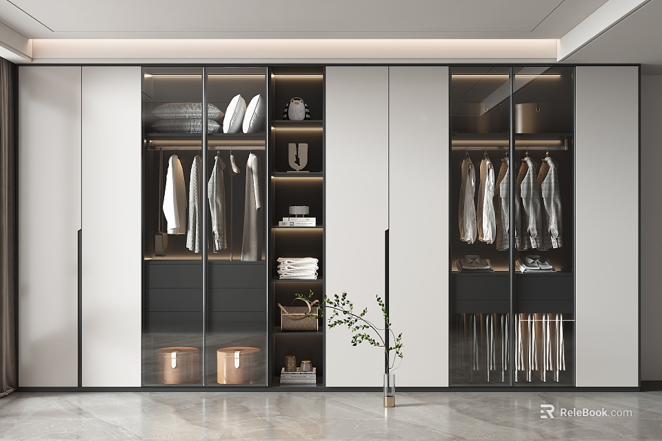 Modern Wardrobe Interior Design With Glass Doors Hanging Clothes Folded Clothes And Storage Boxes 3d model 