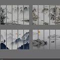 Multi Panel Chinese Landscape Paintings With Mountains Rivers Bamboo Sun Birds And Boat