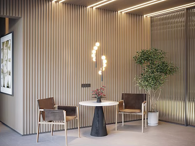 Modern Leisure Area Featuring Two Chairs Round Table Vase Green Plant And Wooden Slat Wall 3d model