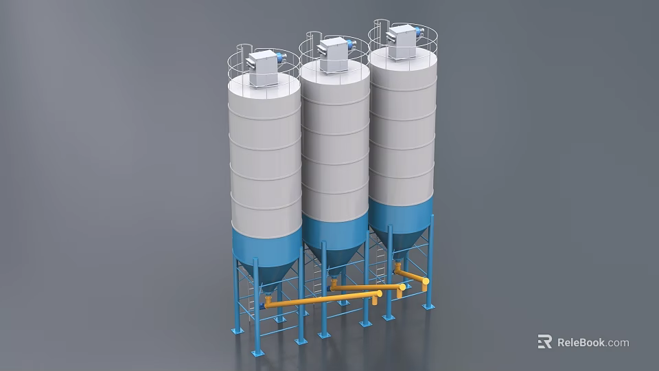 Three Industrial Storage Tanks With White Blue Bodies And Yellow Connecting Pipelines 3d model 