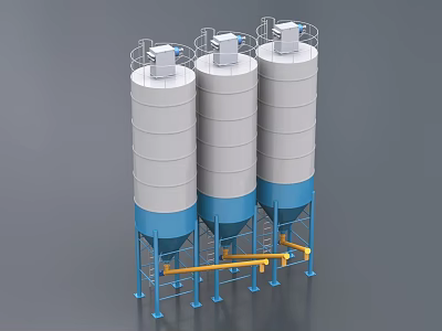 Three Industrial Storage Tanks With White Blue Bodies And Yellow Connecting Pipelines 3d model