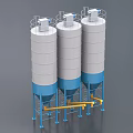 Three Industrial Storage Tanks With White Blue Bodies And Yellow Connecting Pipelines