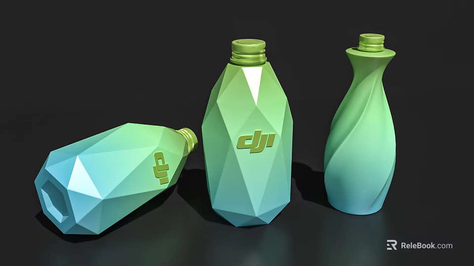 Green Ceramic Vessels With Geometric Cut Design And Gold Logo On Black Background 3d model 