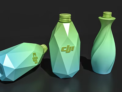 Green Ceramic Vessels With Geometric Cut Design And Gold Logo On Black Background 3d model