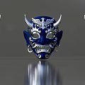 Intricate Blue Mask With Silver Horns Fangs Earrings And Decorative Patterns
