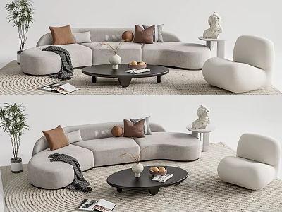 Modern Curved Sofa and Coffee Table Set With Throw Pillows Accent Chair and Woven Rug 3d model