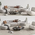 Modern Curved Sofa and Coffee Table Set With Throw Pillows Accent Chair and Woven Rug