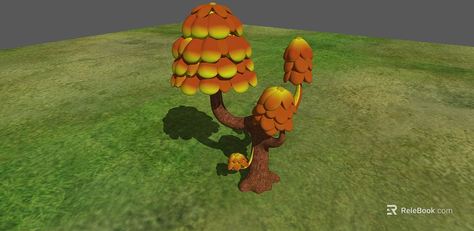 Vibrant Orange Yellow Leaf Shrub With Brown Stem In Green Grass Field 3d model 