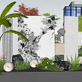 Modern Garden Landscape with Tropical Plants Ink Painting Wall Round Lights and Decorative Stones