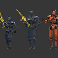 Colorful Sci-Fi Mecha Characters With Blue Orange Armor And Yellow Weapons
