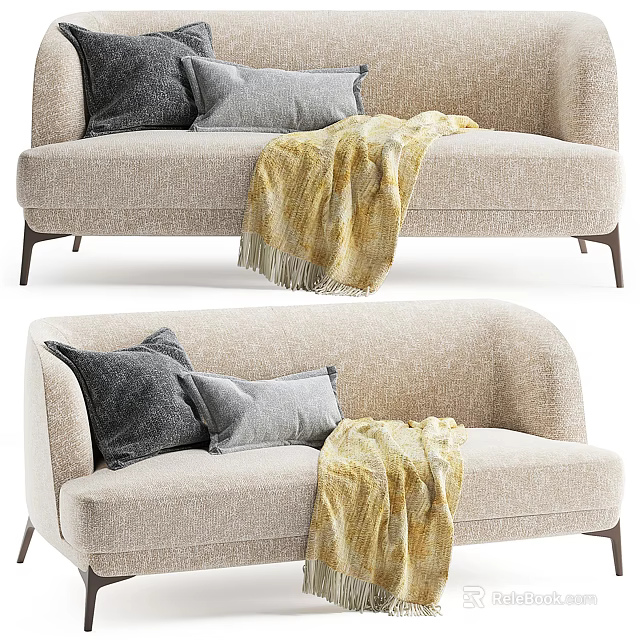 Modern Beige Sectional Sofa With Gray Light Gray Pillows Yellow Throw Blanket And Dark Legs 3d model 