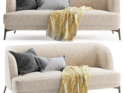 Modern Beige Sectional Sofa With Gray Light Gray Pillows Yellow Throw Blanket And Dark Legs 3d model
