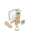 Wooden Tableware Set Featuring Menu Holder Knives Forks Spoons Napkin Holder Reserved Sign Glass Cup