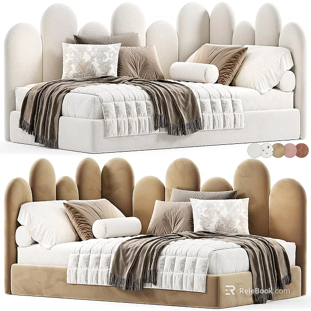 Soft Upholstered Kids Bed Design With Plush Pillows Cozy Blanket And Multiple Color Options 3d model 