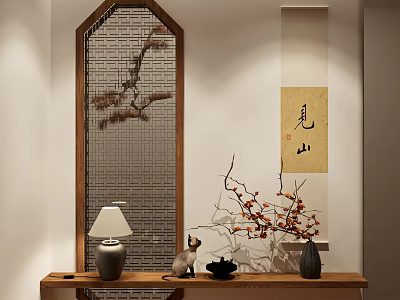 Chinese Style Foyer Hallway With Wooden Console And Decorations 3d model
