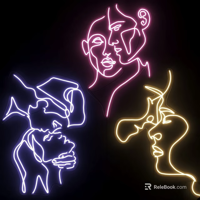 Colorful Neon Light Face Silhouettes in Pink Blue Yellow on Black Background Modern Art Design 3d model 