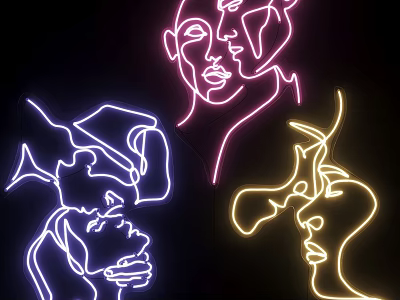 Colorful Neon Light Face Silhouettes in Pink Blue Yellow on Black Background Modern Art Design 3d model