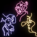 Colorful Neon Light Face Silhouettes in Pink Blue Yellow on Black Background Modern Art Design