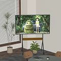 TV Displaying Girl And Green Creature In Forest Room With Wooden Floor White Blinds Plant