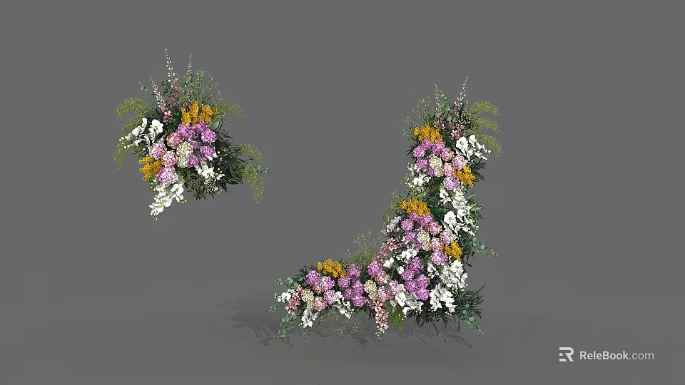 Curved Floral Display With Purple White Yellow Flowers And Green Foliage 3d model 