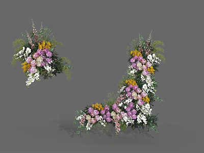 Curved Floral Display With Purple White Yellow Flowers And Green Foliage 3d model