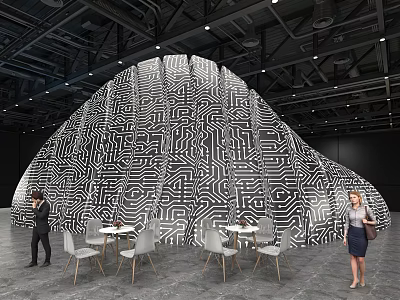 Black And White Maze Patterned Background Wall With Tables Chairs And People In Indoor Scene 3d model