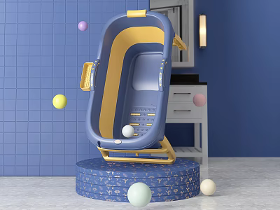 Bright Baby Bathtub With Blue Yellow Design Step And Colorful Balls In Blue Tiled Bathroom 3d model