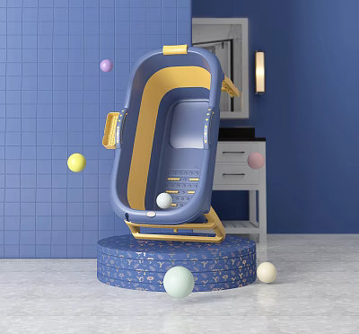 Bright Baby Bathtub With Blue Yellow Design Step And Colorful Balls In Blue Tiled Bathroom 3d model