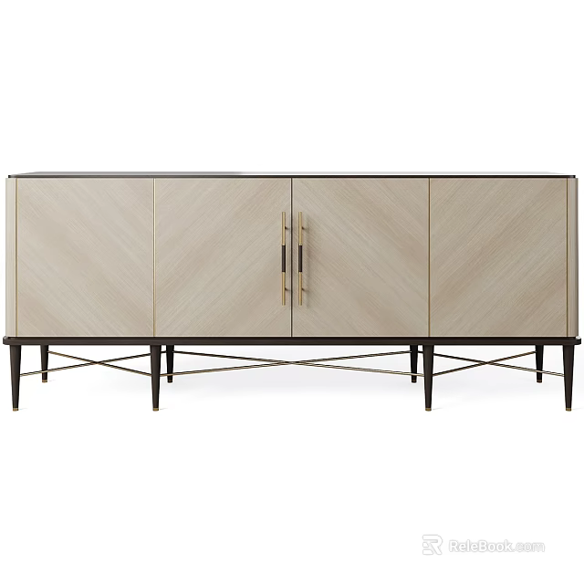 Modern Console Sideboard Cabinet With Herringbone Pattern Wood Brass Handles And Metal Legs 3d model 