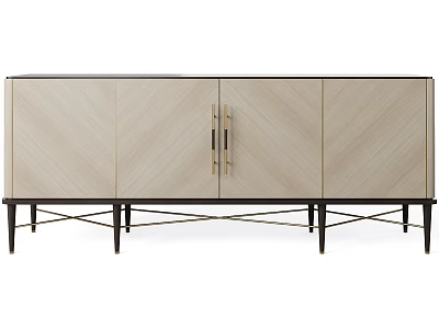 Modern Console Sideboard Cabinet With Herringbone Pattern Wood Brass Handles And Metal Legs 3d model