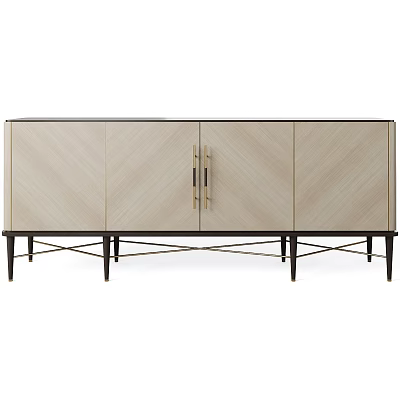 Modern Console Sideboard Cabinet With Herringbone Pattern Wood Brass Handles And Metal Legs 3d model