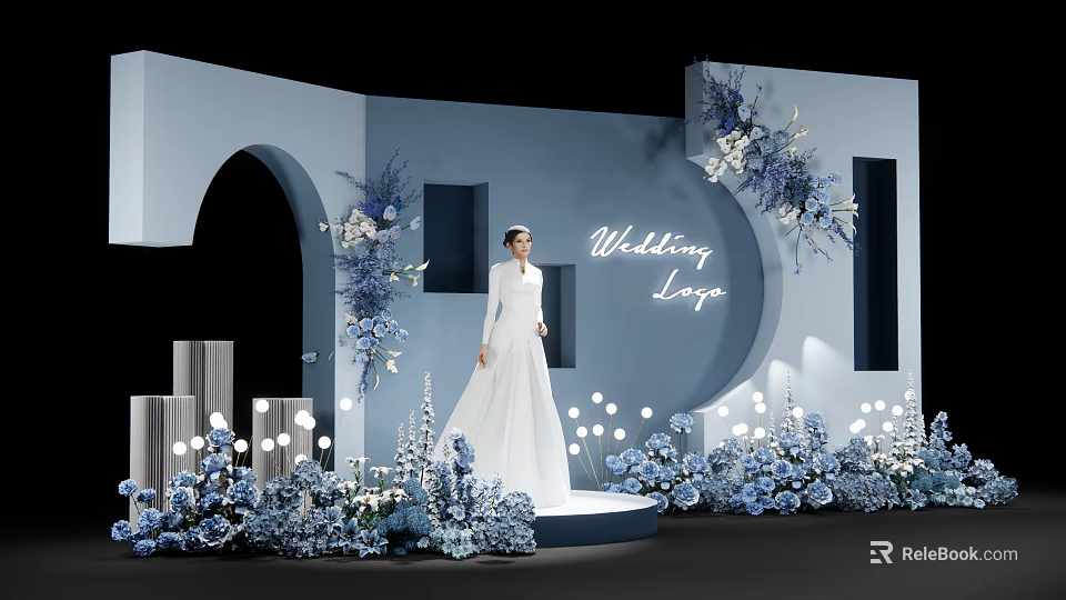 Wedding Stage Display With White Wedding Dress Model Blue Flowers And Lighting Decorations 3d model 