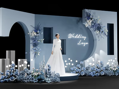 Wedding Stage Display With White Wedding Dress Model Blue Flowers And Lighting Decorations 3d model