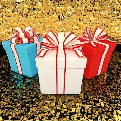 Blue White Red Gift Boxes With Red White Ribbons On Gold Glitter Background 3d model