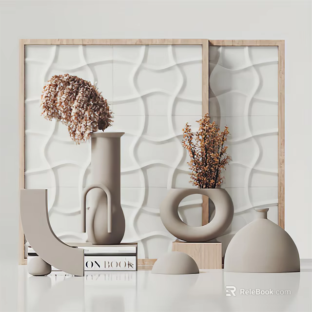 Decorative Ornament Set With Vases Dried Flowers And Wavy Textured Wall Backdrop 3d model 