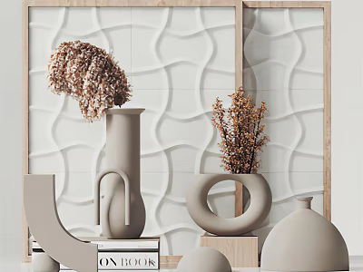 Decorative Ornament Set With Vases Dried Flowers And Wavy Textured Wall Backdrop 3d model