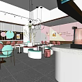 Bubble Tea Shop Interior Featuring Green Pink Walls Circular Decorations Green Chairs And Marble Counter