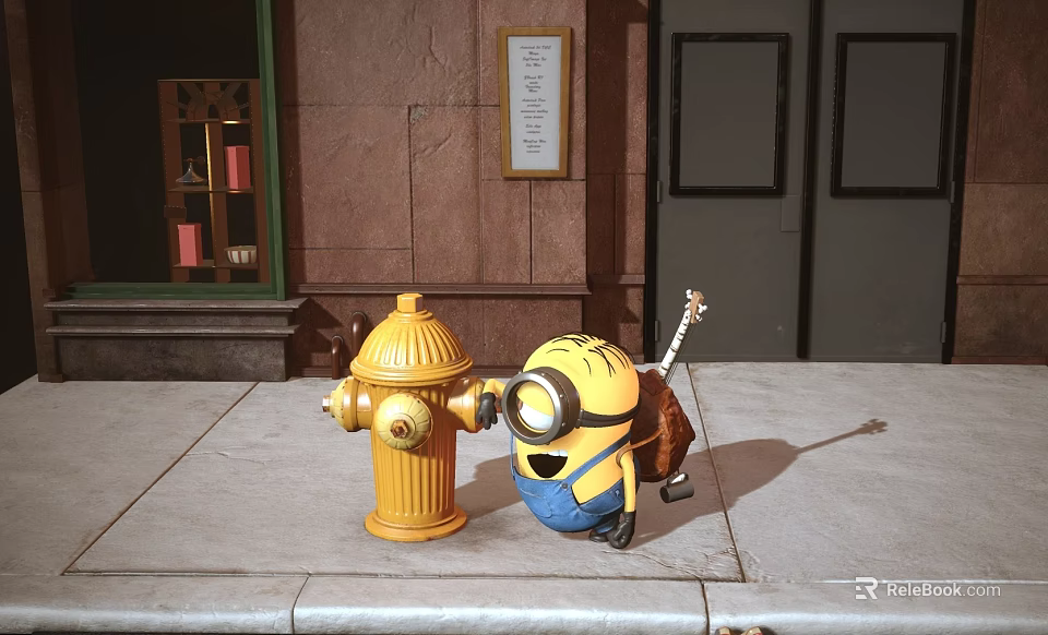 Minion Standing Next to Yellow Fire Hydrant Holding Guitar on Urban Sidewalk 3d model 