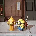 Minion Standing Next to Yellow Fire Hydrant Holding Guitar on Urban Sidewalk