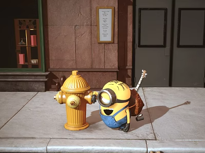 Minion Standing Next to Yellow Fire Hydrant Holding Guitar on Urban Sidewalk 3d model