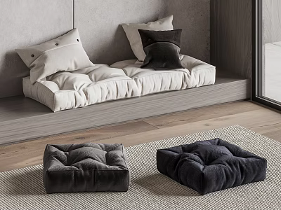 Cozy Interior Design Featuring Daybed With White Cushions Pillows And Dark Floor Cushions 3d model
