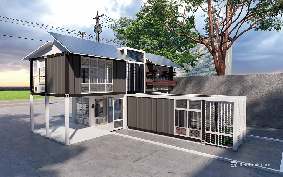 Modern Double Story Container Post Station With Trees And Exterior Design 3d model 