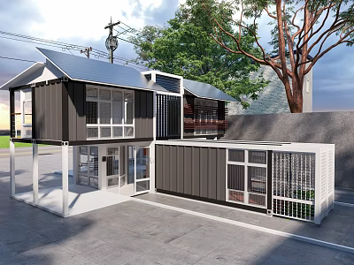 Modern Double Story Container Post Station With Trees And Exterior Design 3d model