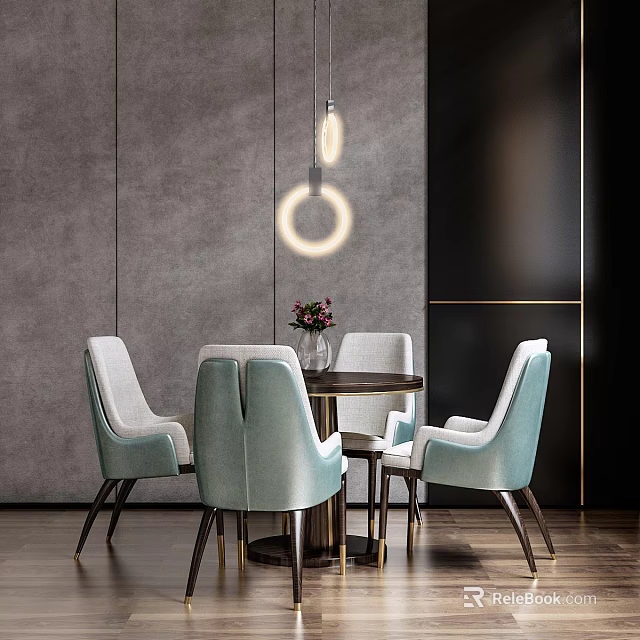 Elegant Modern Dining Table Set with Light Blue Chairs Round Table and Circular Pendant Light 3d model