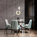 Elegant Modern Dining Table Set with Light Blue Chairs Round Table and Circular Pendant Light 3d model