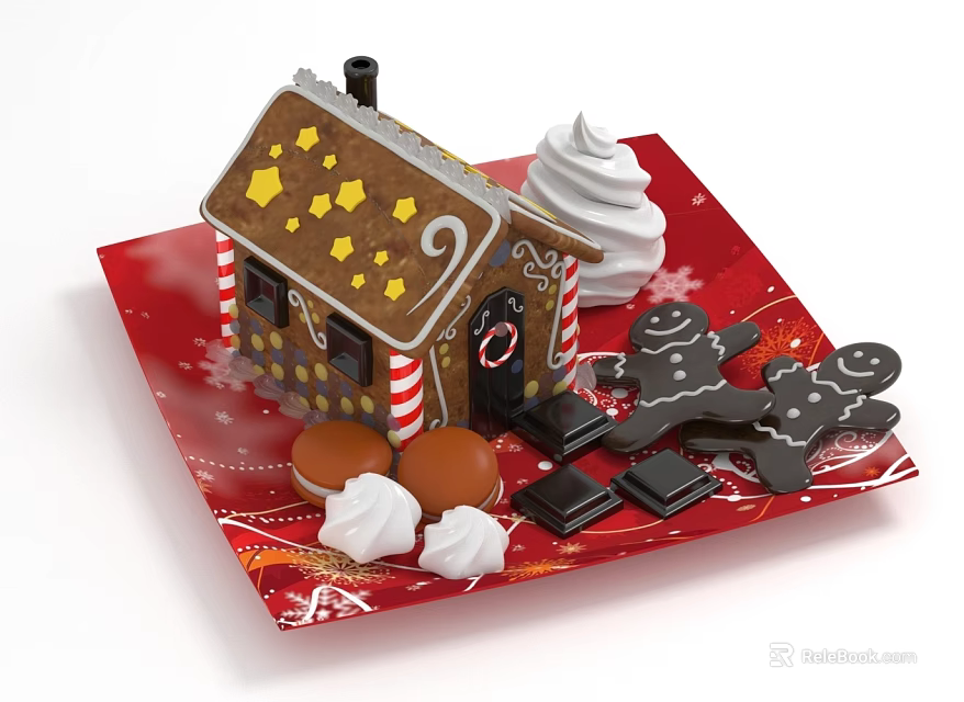 Gingerbread House And Festive Sweets On Red Plate 3d model 